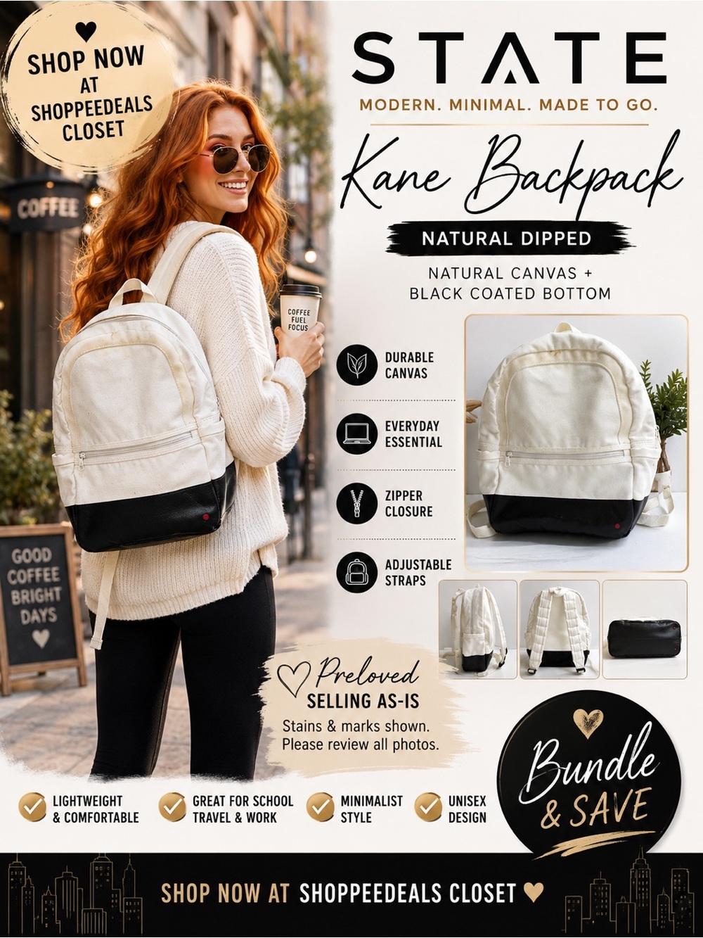 State Kane Natural Dipped Backpack White & Black Canvas